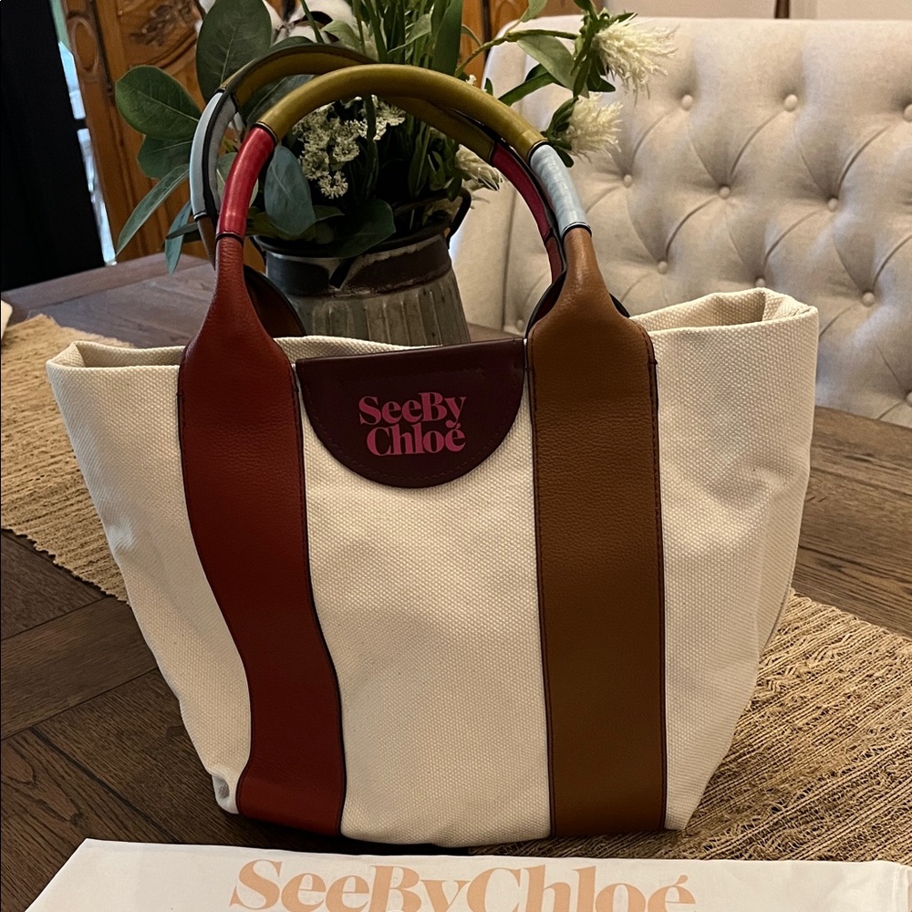 See By Chloe Canvas Tote with Brown and Red Accents